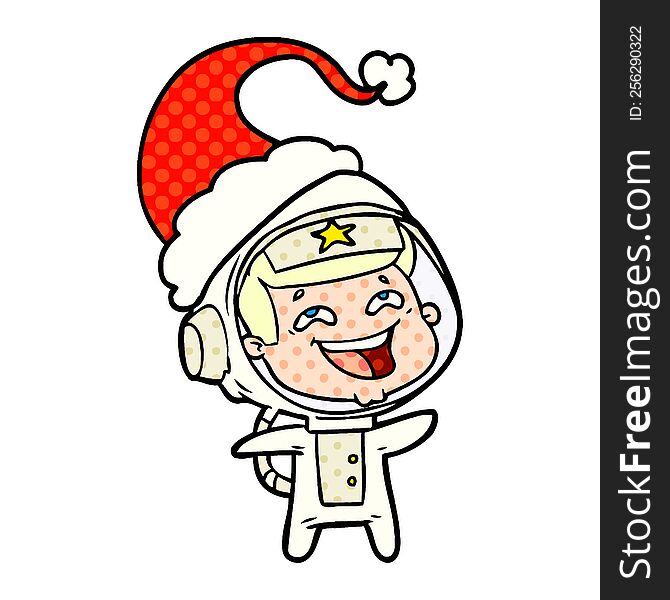 hand drawn comic book style illustration of a laughing astronaut wearing santa hat