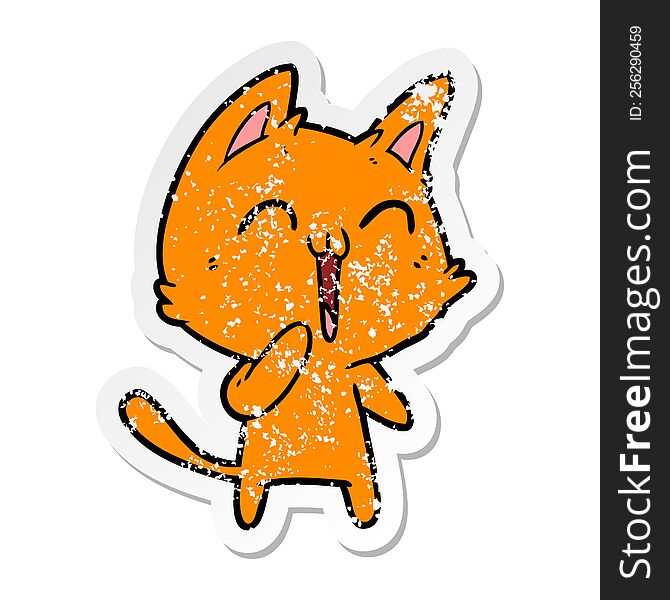 Distressed Sticker Of A Happy Cartoon Cat Meowing