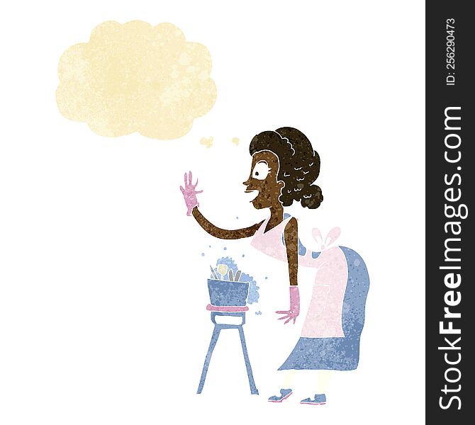 cartoon housewife washing up with thought bubble