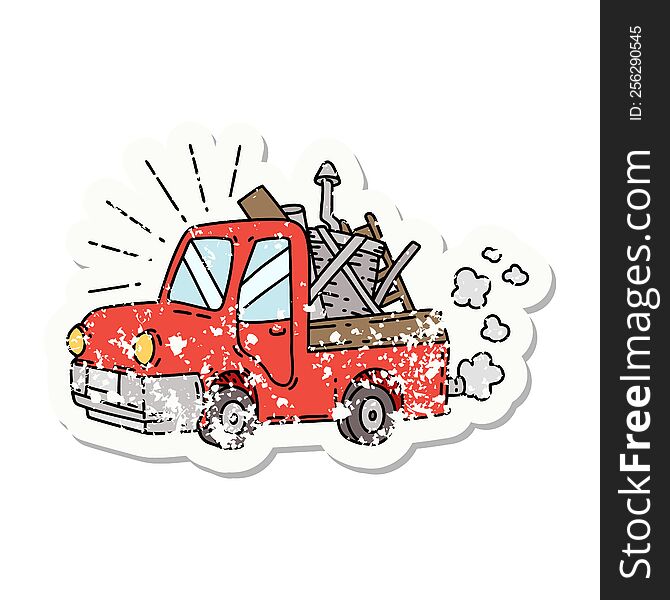 Grunge Sticker Of Tattoo Style Truck Carrying Junk