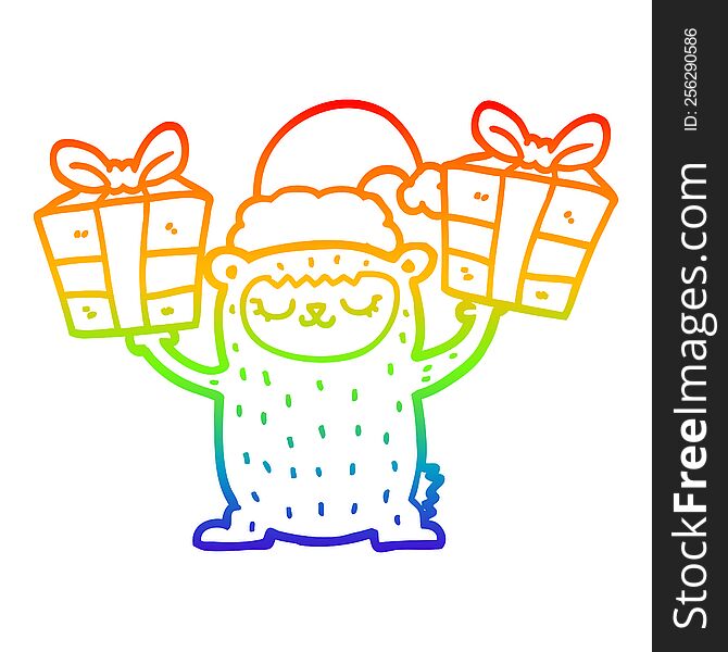 Rainbow Gradient Line Drawing Cartoon Christmas Bear