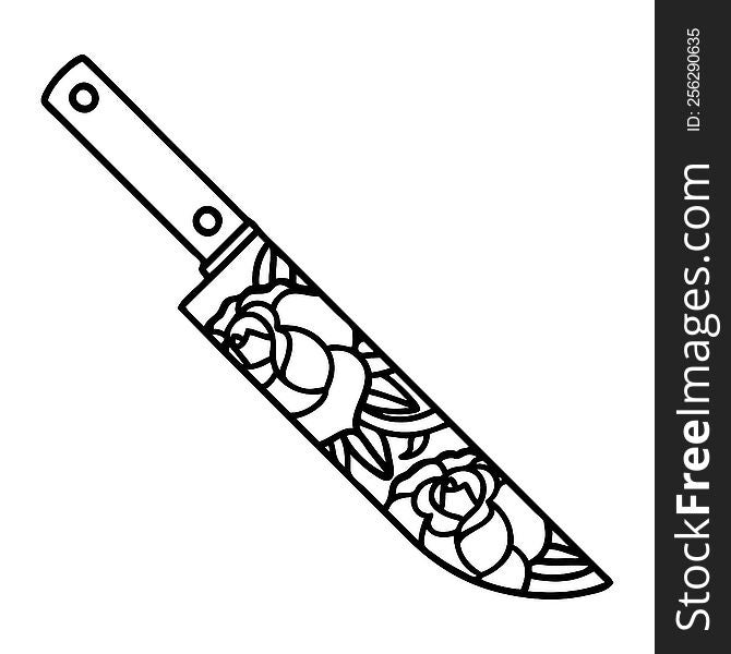 tattoo in black line style of a dagger and flowers. tattoo in black line style of a dagger and flowers