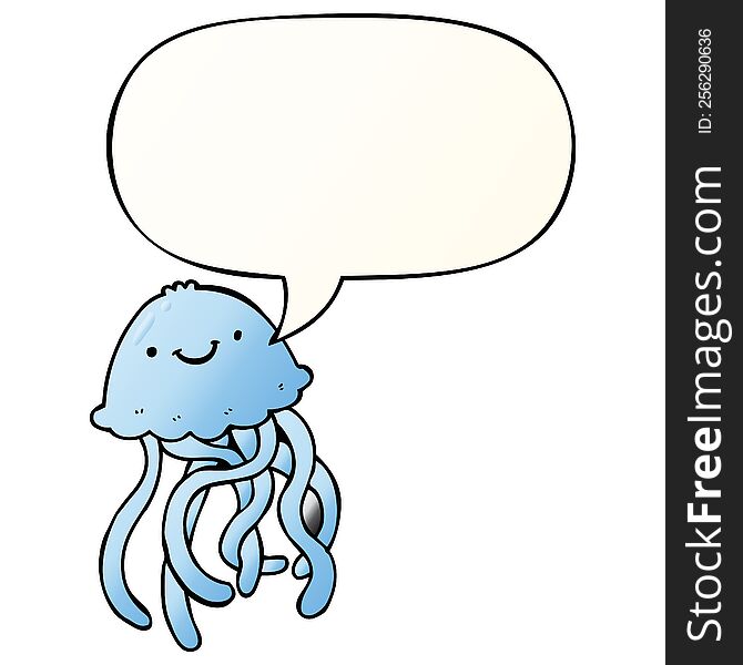 cartoon happy jellyfish with speech bubble in smooth gradient style