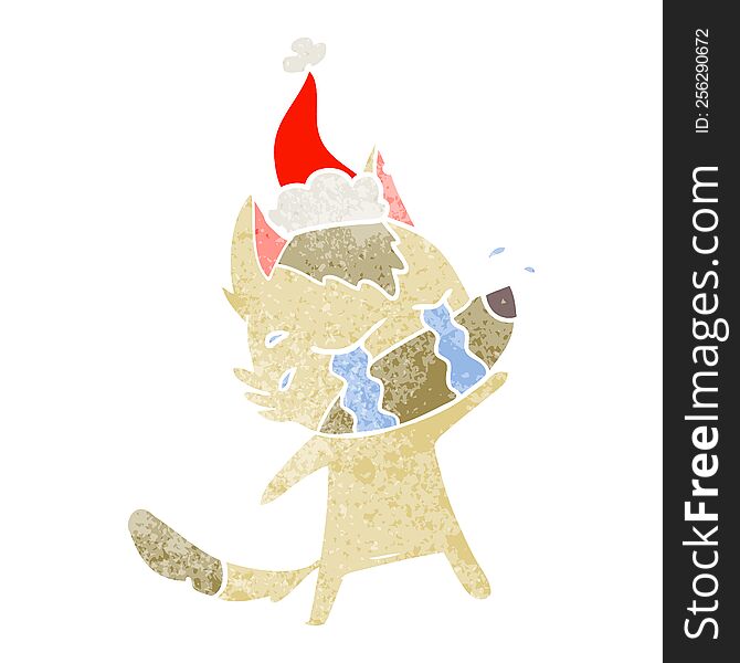 Retro Cartoon Of A Crying Wolf Wearing Santa Hat