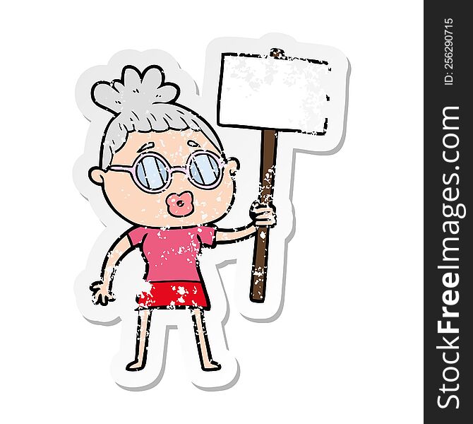 distressed sticker of a cartoon protester woman wearing spectacles
