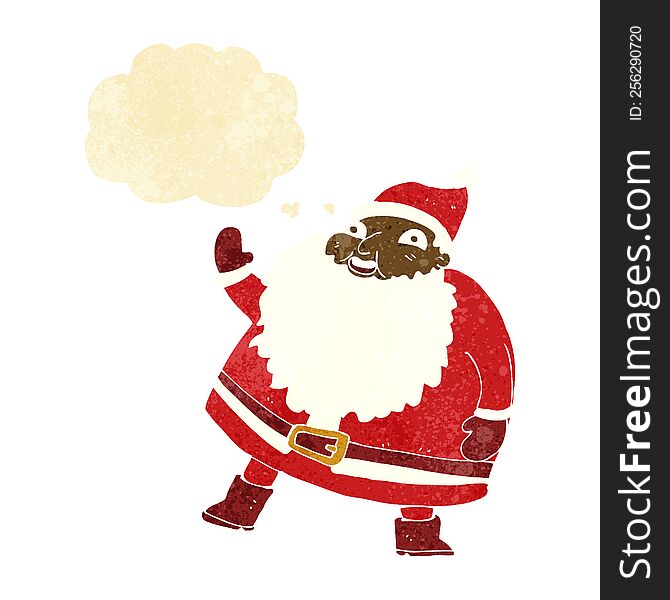 funny waving santa claus cartoon with thought bubble