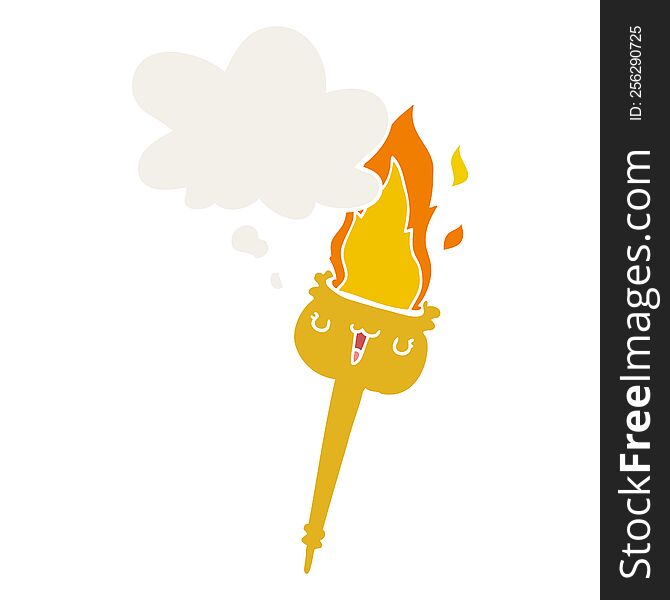 cartoon flaming torch with thought bubble in retro style