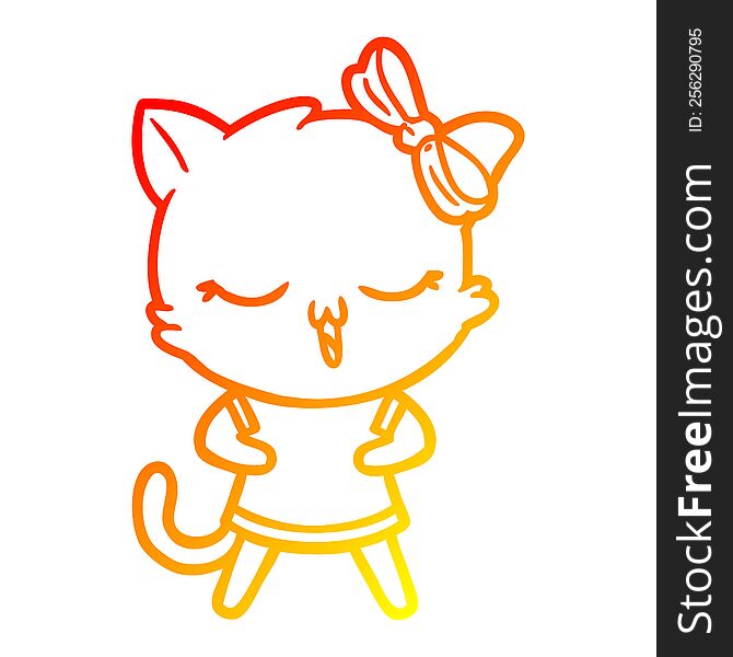 warm gradient line drawing of a cartoon cat with bow on head