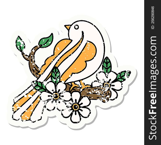 distressed sticker tattoo in traditional style of a bird on a branch. distressed sticker tattoo in traditional style of a bird on a branch