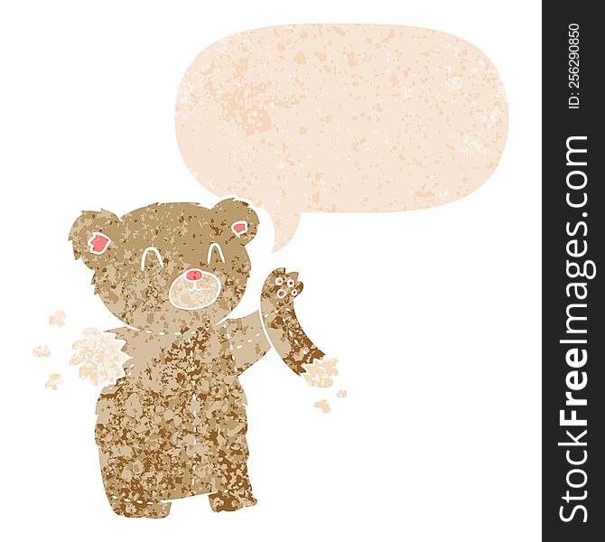 cartoon teddy bear with torn arm and speech bubble in retro textured style