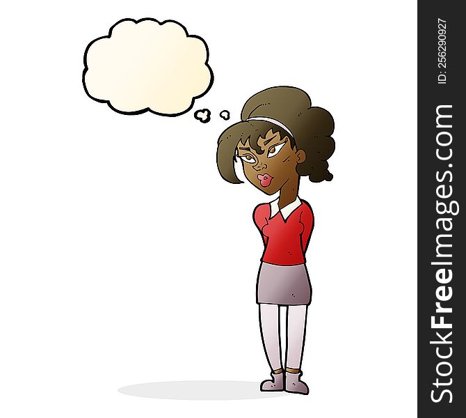 cartoon pretty girl tilting head with thought bubble