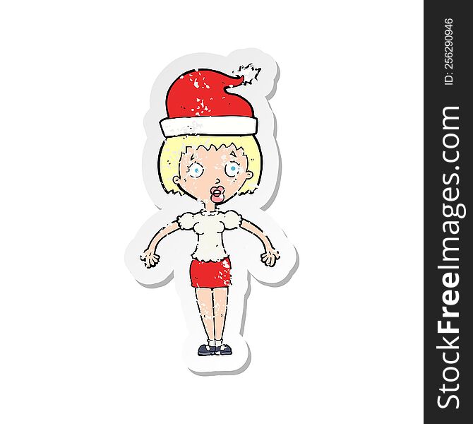 retro distressed sticker of a cartoon woman wearing christmas hat shrugging shoulders