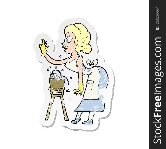 retro distressed sticker of a cartoon housewife washing up