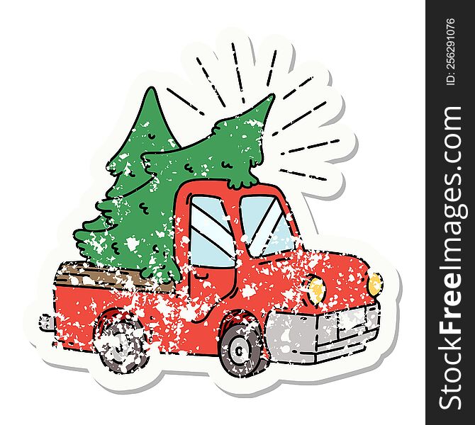 Grunge Sticker Of Tattoo Style Truck Carrying Trees