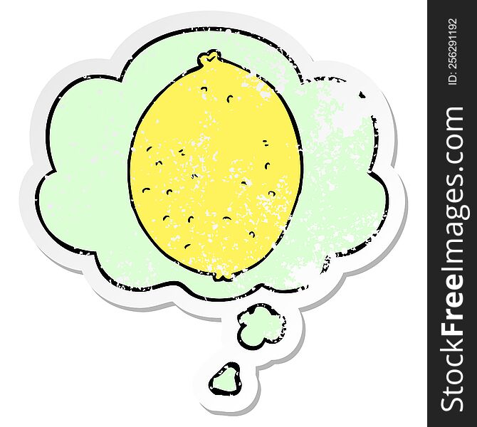 cartoon lemon with thought bubble as a distressed worn sticker