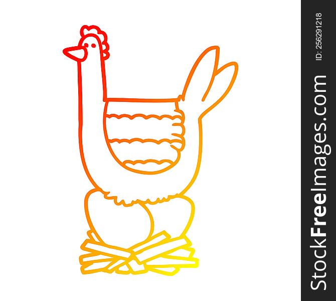 warm gradient line drawing of a cartoon chicken sitting on eggs in nest