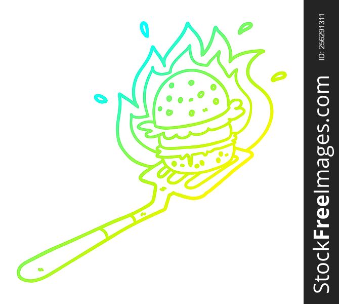 cold gradient line drawing of a cartoon flaming burger on spatula
