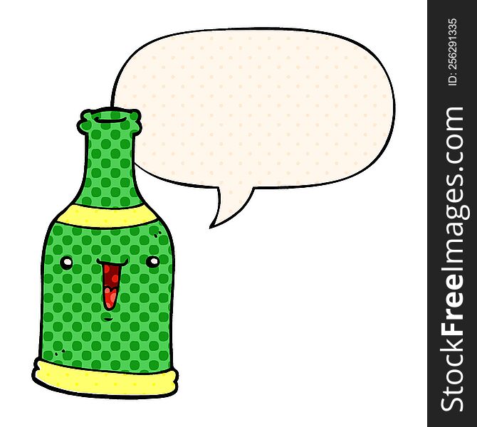 cartoon beer bottle with speech bubble in comic book style