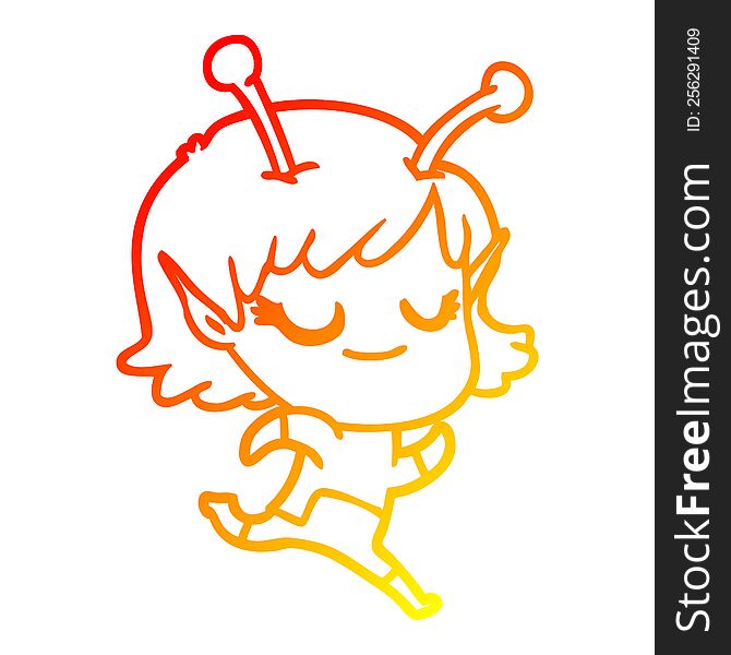 warm gradient line drawing of a smiling alien girl cartoon running