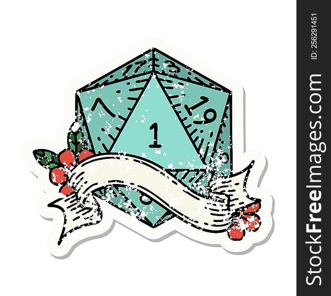 Natural One D20 Dice Roll Grunge Sticker