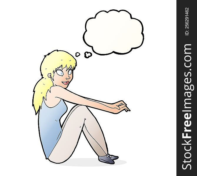 Cartoon Happy Woman Sitting With Thought Bubble