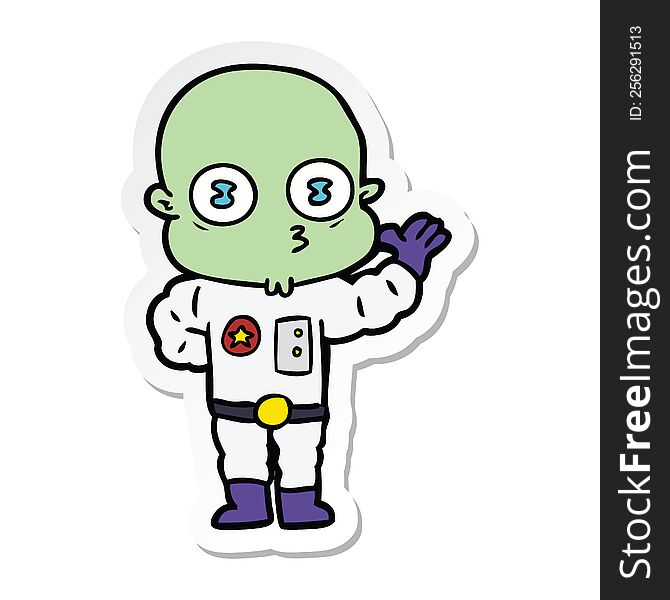 Sticker Of A Waving Weird Bald Spaceman