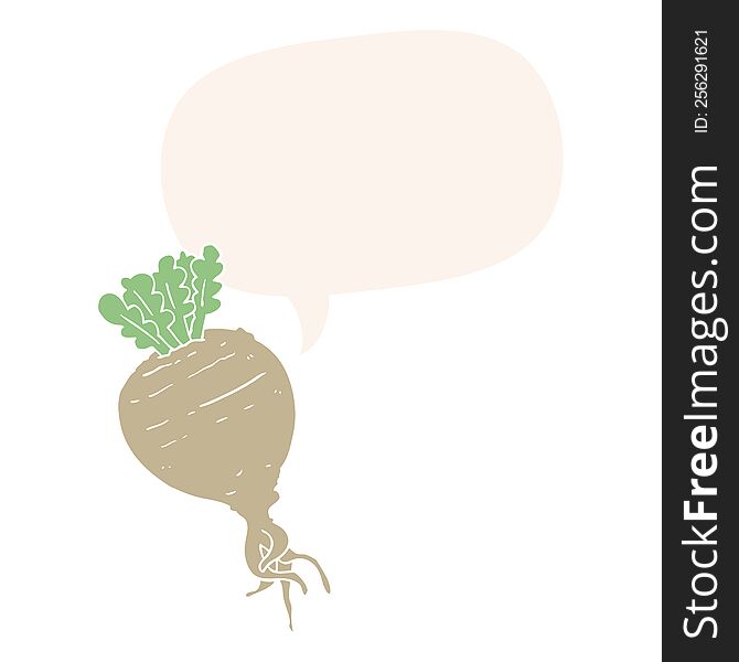 cartoon root vegetable with speech bubble in retro style