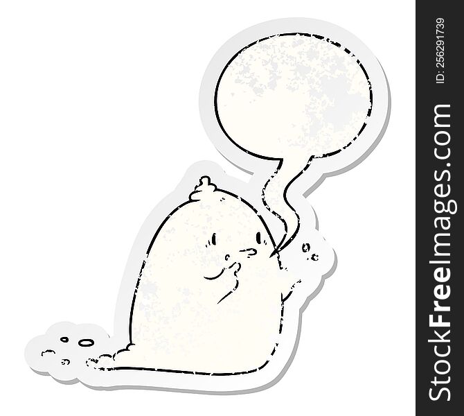 Cartoon Spooky Ghost And Speech Bubble Distressed Sticker