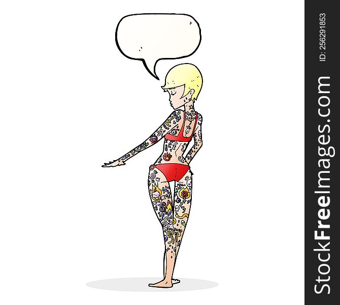 Cartoon Bikini Girl Covered In Tattoos With Speech Bubble