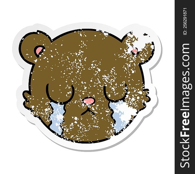distressed sticker of a cute cartoon teddy bear face crying