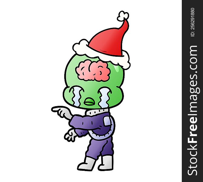 Gradient Cartoon Of A Big Brain Alien Crying And Pointing Wearing Santa Hat