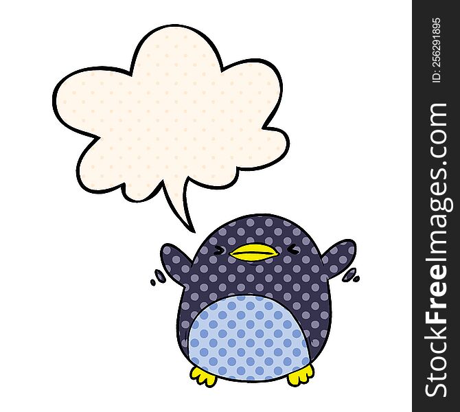 cute cartoon penguin flapping wings and speech bubble in comic book style