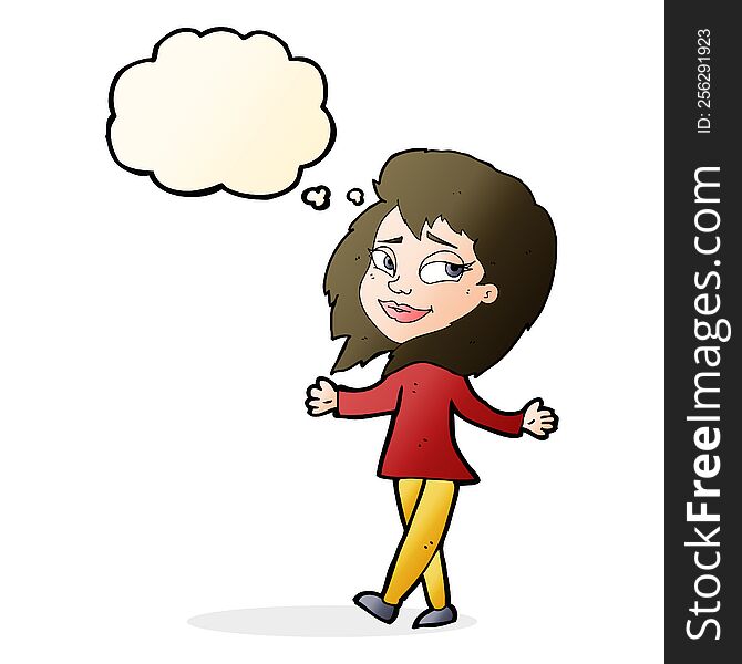 stress free woman cartoon with thought bubble