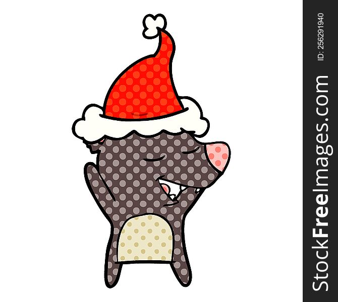 Comic Book Style Illustration Of A Bear Wearing Santa Hat