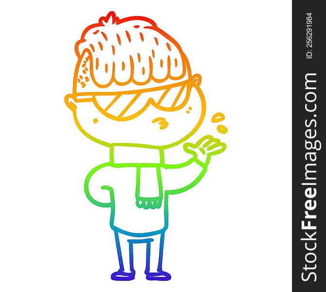 Rainbow Gradient Line Drawing Cartoon Boy Wearing Sunglasses