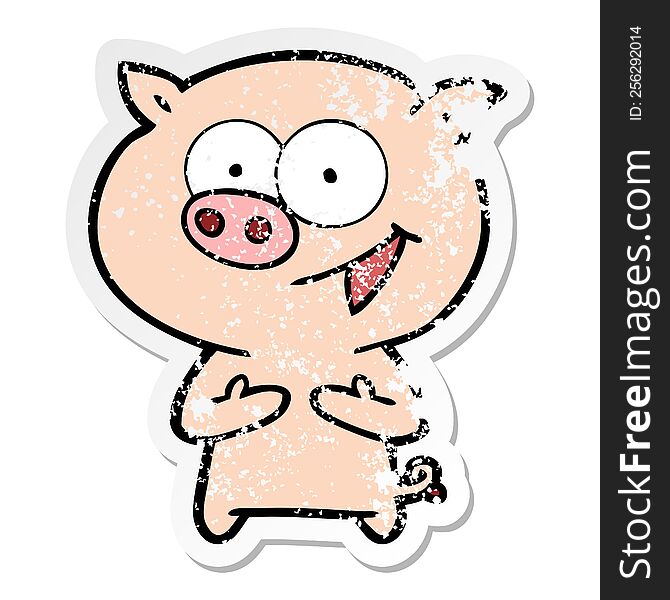distressed sticker of a cheerful pig cartoon