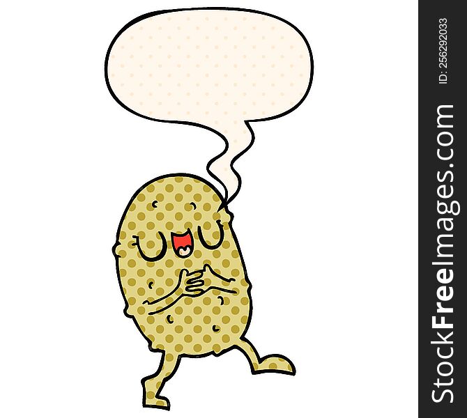 cartoon happy potato with speech bubble in comic book style
