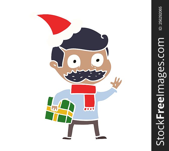 hand drawn flat color illustration of a man with mustache and christmas present wearing santa hat