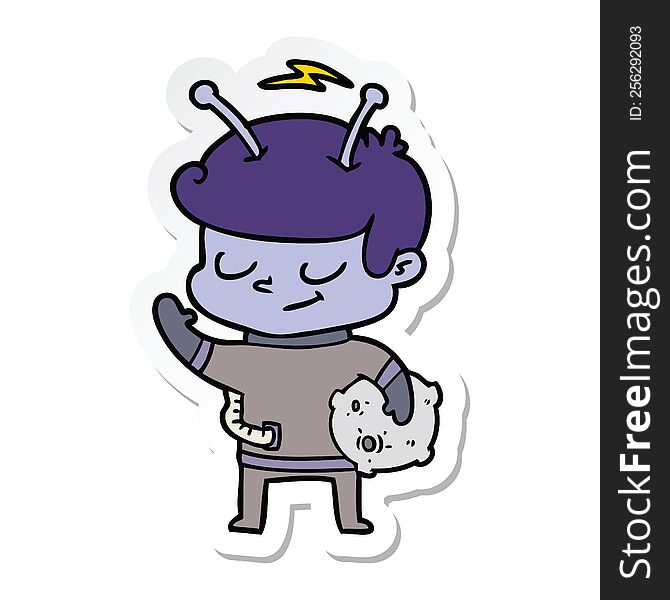 sticker of a friendly cartoon spaceman holding meteor