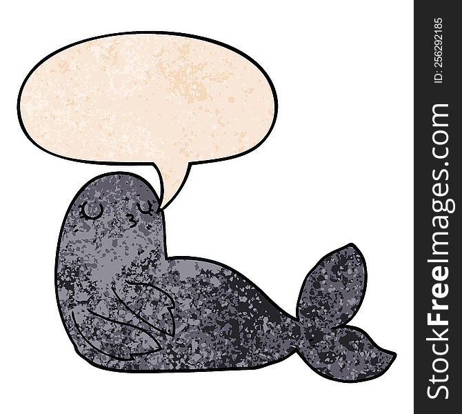 cartoon seal with speech bubble in retro texture style