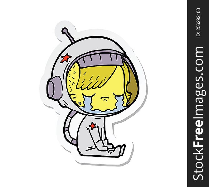 sticker of a cartoon crying astronaut girl sitting