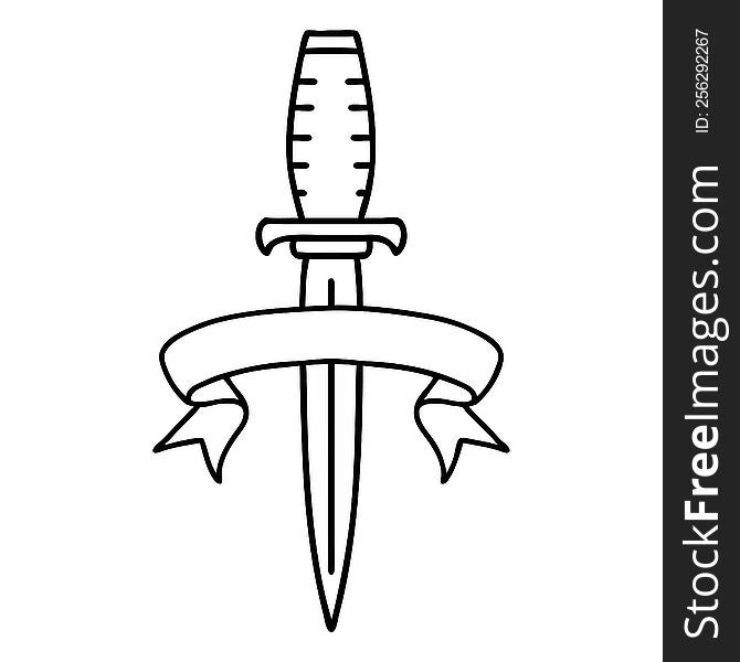 Black Linework Tattoo With Banner Of A Dagger