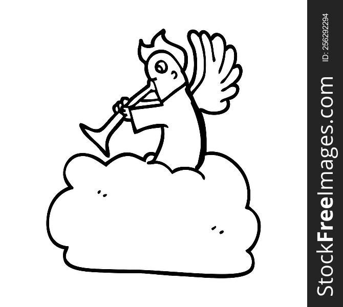 line drawing cartoon angel on cloud with trumpet