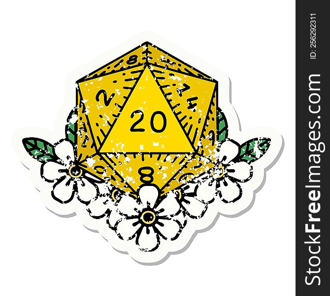 Traditional Distressed Sticker Tattoo Of A D20