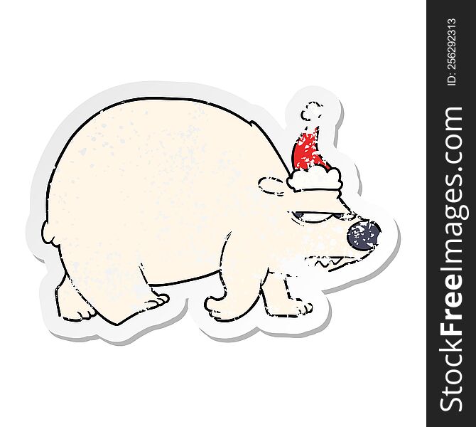 Distressed Sticker Cartoon Of A Angry Polar Bear Wearing Santa Hat