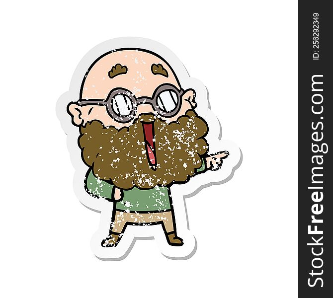 distressed sticker of a cartoon joyful man with beard pointing finger