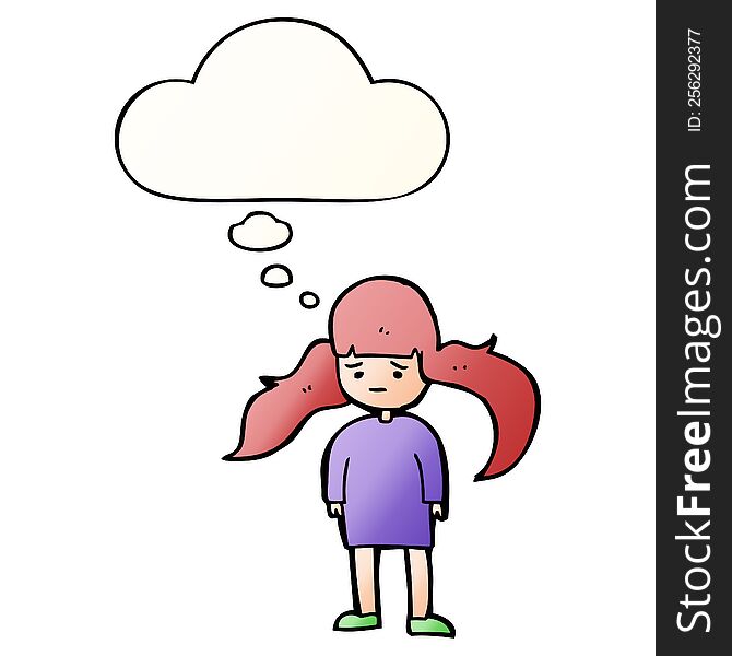 cartoon girl with long hair with thought bubble in smooth gradient style