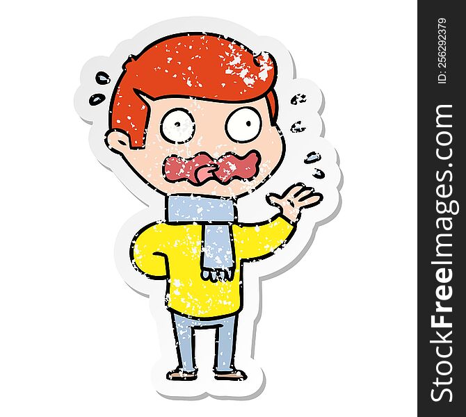 Distressed Sticker Of A Cartoon Man Totally Stressed Out