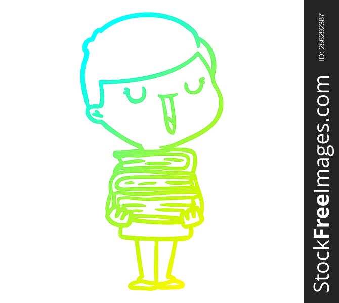 cold gradient line drawing of a cartoon happy boy with stack of books
