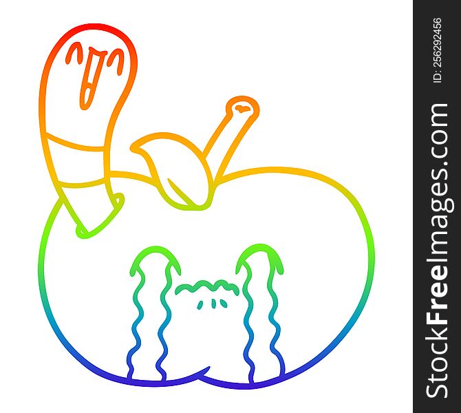 rainbow gradient line drawing of a cartoon worm eating an apple